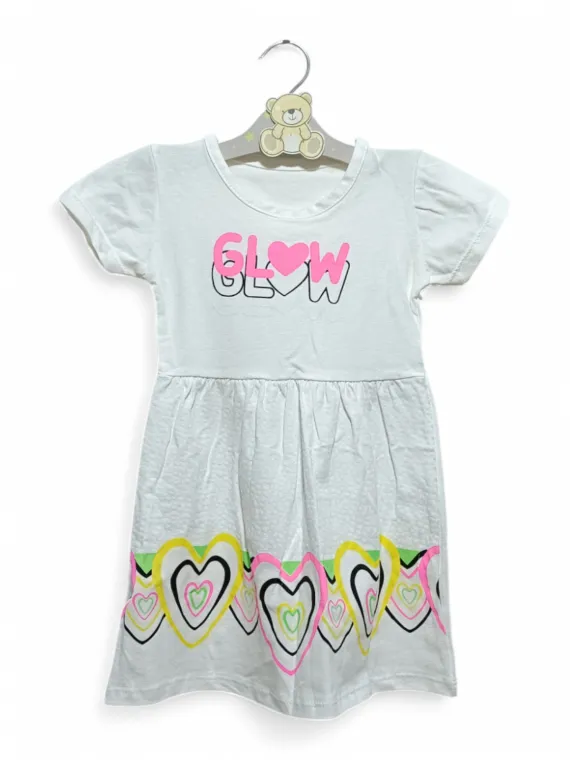 Girls' white summer dress Glow with hearts