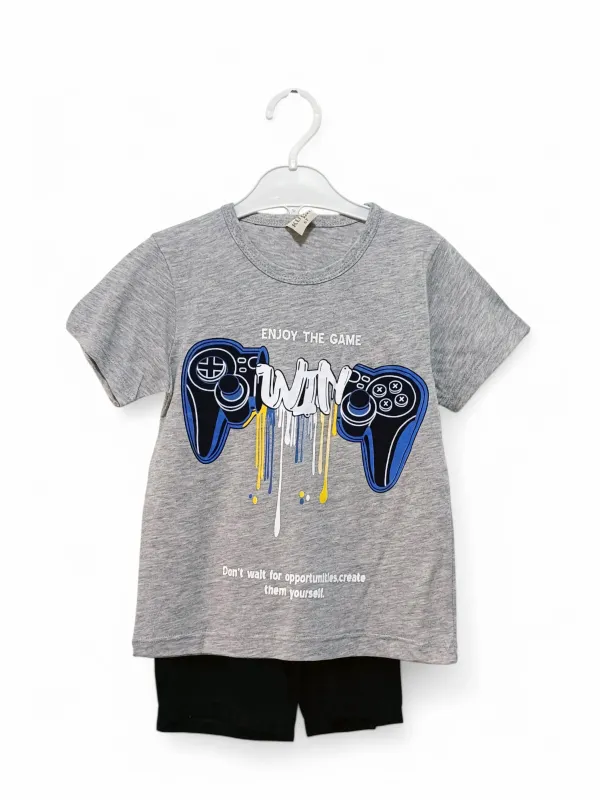 Boys' summer outfit, Gamer print, gray