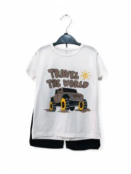 Boys' summer suit, car print, thin cotton, white
