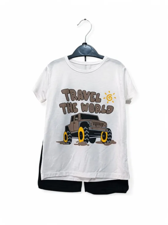 Boys' summer suit, car print, thin cotton, white