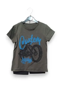 Boys' summer outfit, motorcycle print, khaki, 100% cotton