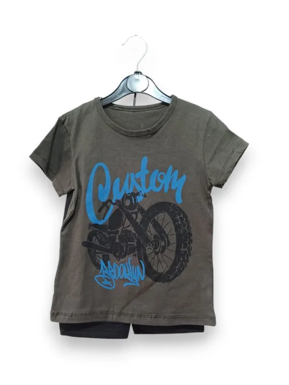 Boys' summer outfit, motorcycle print, khaki, 100% cotton