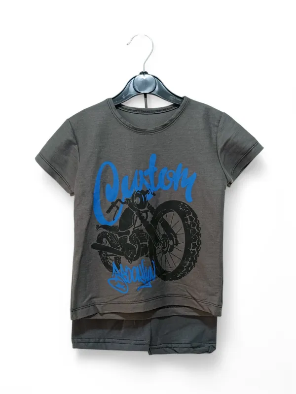 Compleu vara pentru baieti, imprimeu motocicleta, gri