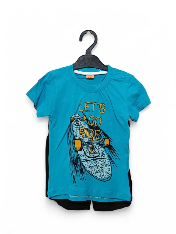 Compleu vara baieti, imprimeu Skateboard, bumbac, albastru