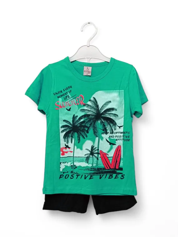 Compleu de vara pentru baieti, model Positive Vibes, verde