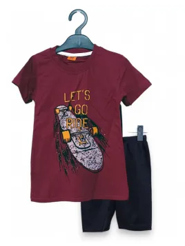 Compleu vara baieti, grena, imprimeu Skateboard, bumbac fin