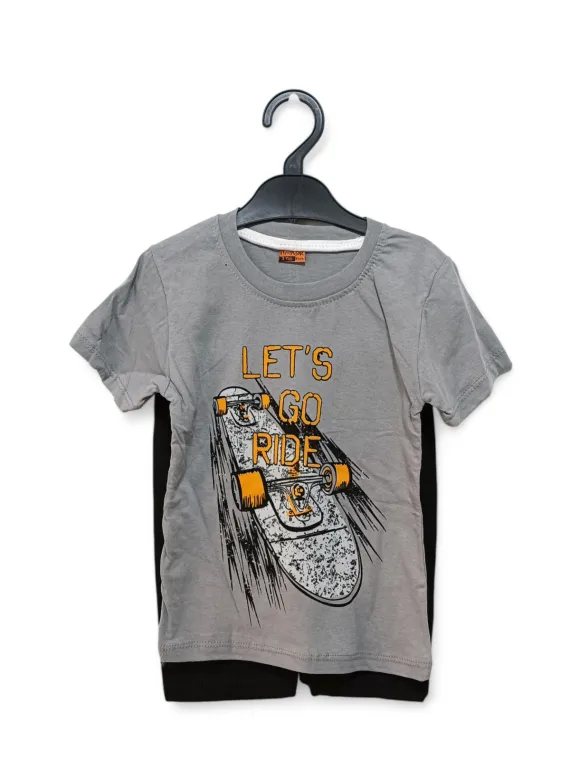 Compleu de vara baieti, Skateboard, bumbac fin, gri