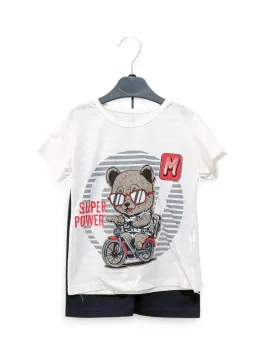 Compleu vara baieti, bumbac, model urs Super Power, alb