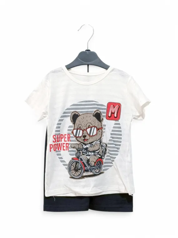 Compleu vara baieti, bumbac, model urs Super Power, alb