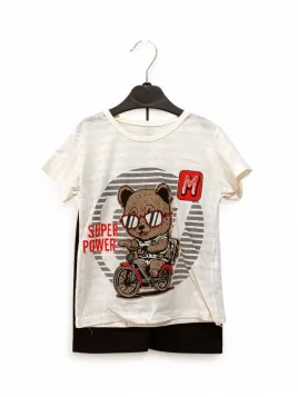 Compleu vara baieti, imprimeu Super Power, bej, bumbac fin