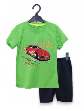 Boys' summer suit, car print, SUPERIOR text, green