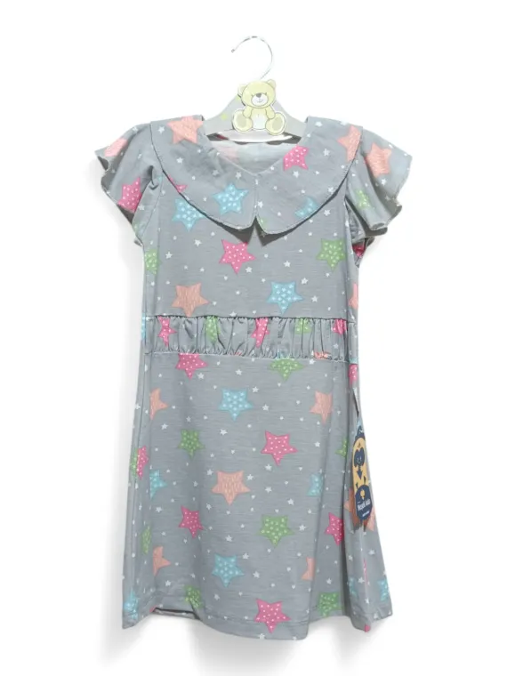 Rochie vara fete, guler si volanase, imprimeu stelute, gri