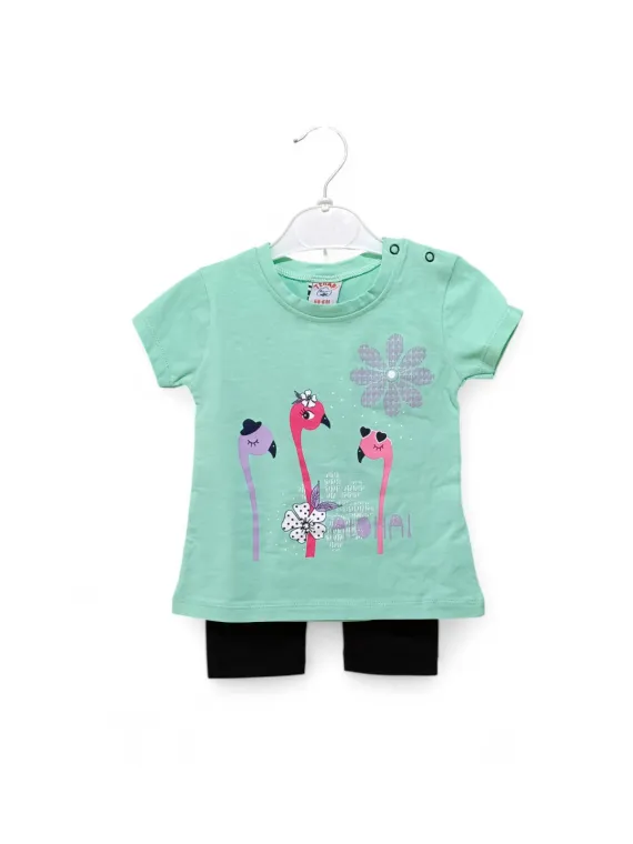 Summer outfit for baby girls, Flamingo print, green