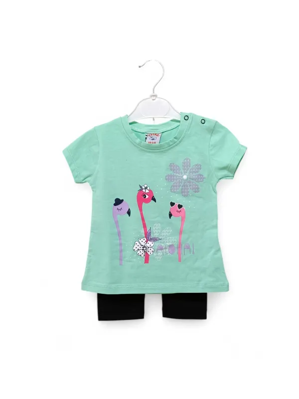 Summer outfit for baby girls, Flamingo print, green