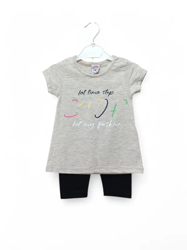 Compleu vara fete, imprimeu fashion, bumbac, gri