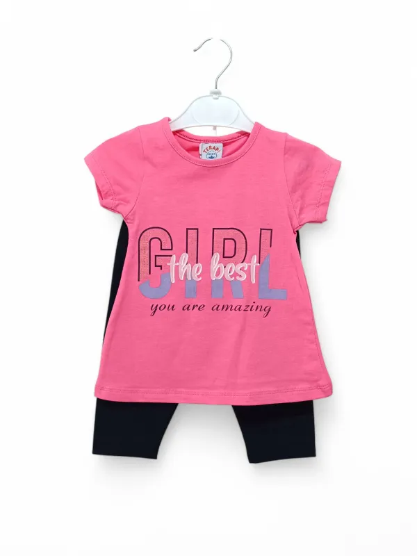 Compleu vara fete, imprimeu Best Girl, din bumbac, roz Compleu vara fete, imprimeu Best Girl, din bumbac, roz