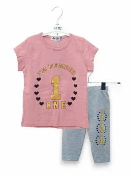 Girls' summer outfit, Number One print, cotton, pink