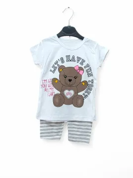 Girls' summer outfit, Teddy bear print, cotton, white