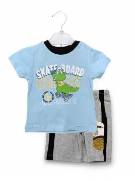 Compleu de vara bebe baietel, model Skateboard Dino, albastru
