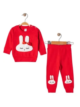 Baby girl 2-piece set, ribbed cotton, bunny pattern, red
