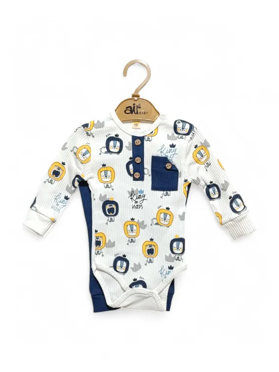 Baby bodysuit and long pants set, LION print, blue