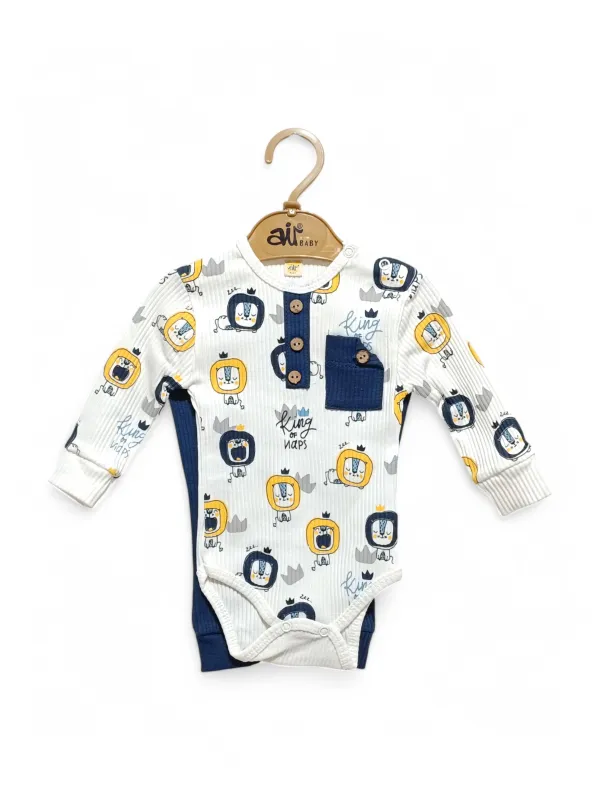 Baby bodysuit and long pants set, LION print, blue