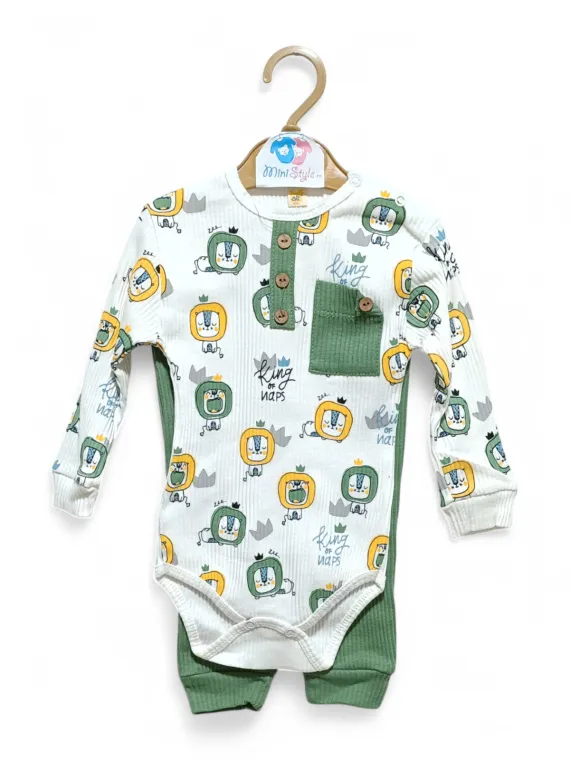 Baby bodysuit with long pants, LEI prints, green