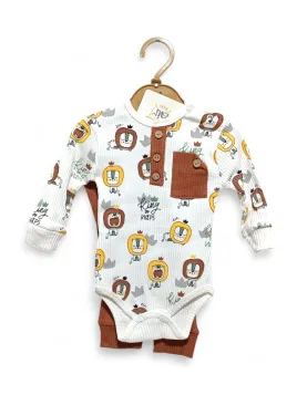 Baby bodysuit with long pants, LEI prints, brown - MiniStyle®