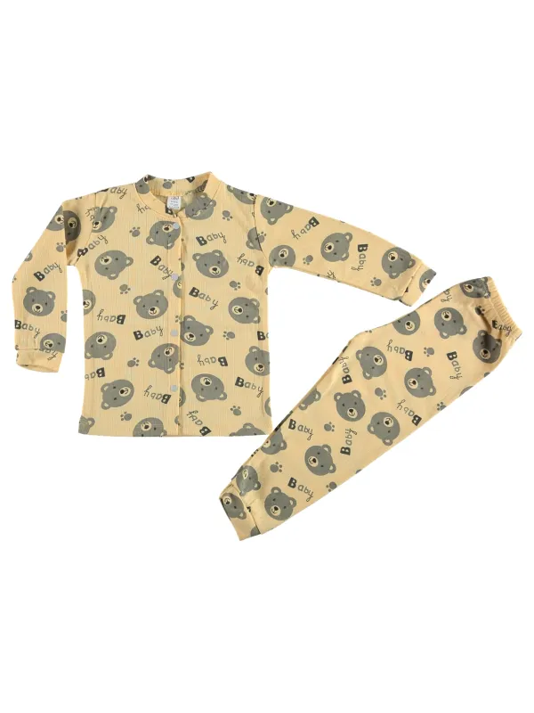 Pijama copii, bluza cu capse, imprimeu ursuleti, galben