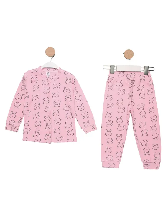 Pijama fetite, bluza capse, imprimeu iepurasi, roz
