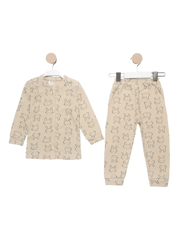 Children's pajamas, button-up blouse, bunny print, beige