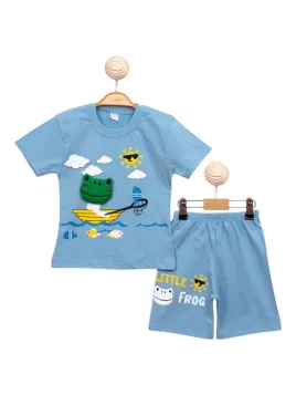 Compleu vara baieti, imprimeu MASCOTA BROASCA, bleu