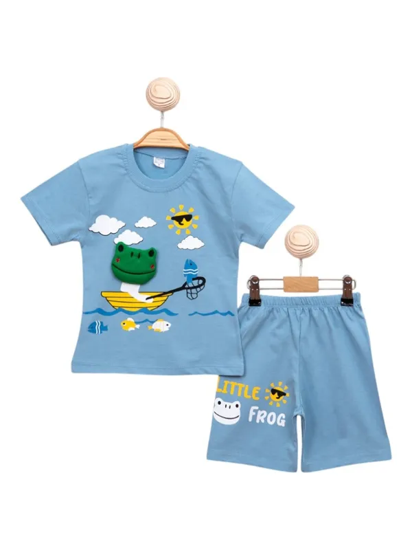 Boys' summer outfit, FROG MASCOT print, blue