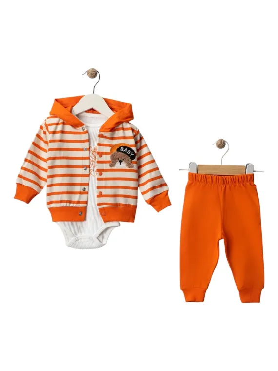 Compleu 3 piese bebe, hanorac cu gluga, body si pantaloni