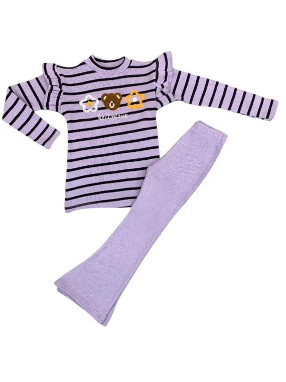 Compleu fetite, bluza cu volanase si pantaloni evazati, mov