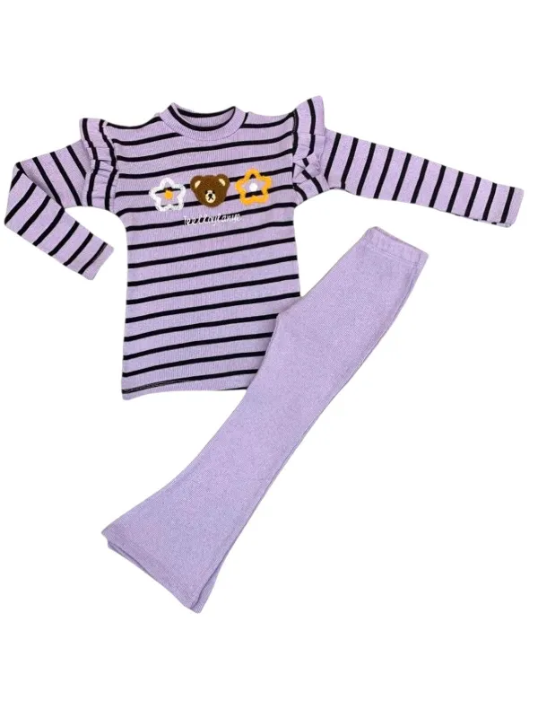 Girls' outfit, ruffled blouse and flared pants, purple