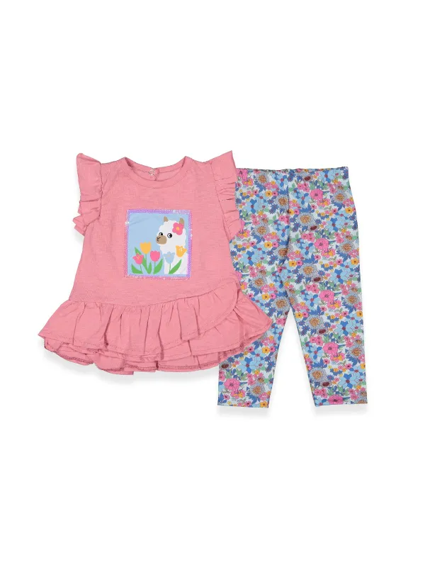 Girls' summer outfit, pink with Lama print and floral tights