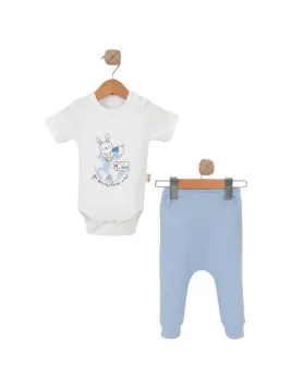 Baby bodysuit and pants set, RABBIT print, blue