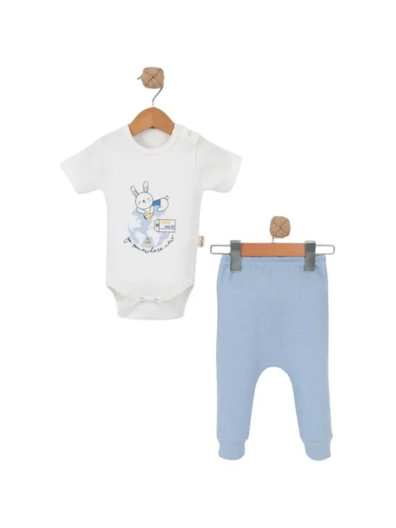 Baby bodysuit and pants set, RABBIT print, blue