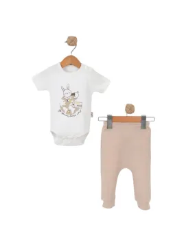 Baby bodysuit and pants set, RABBIT print, beige