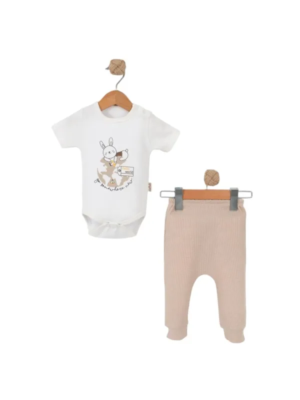 Baby bodysuit and pants set, RABBIT print, beige
