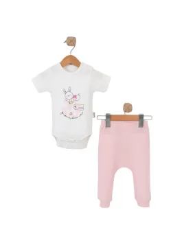 Baby girl bodysuit and pants set, bunny print, pink