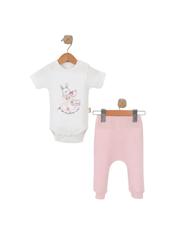 Baby girl bodysuit and pants set, bunny print, pink