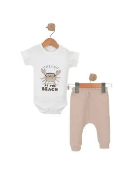 Baby bodysuit and pants set, CRAB print, beige