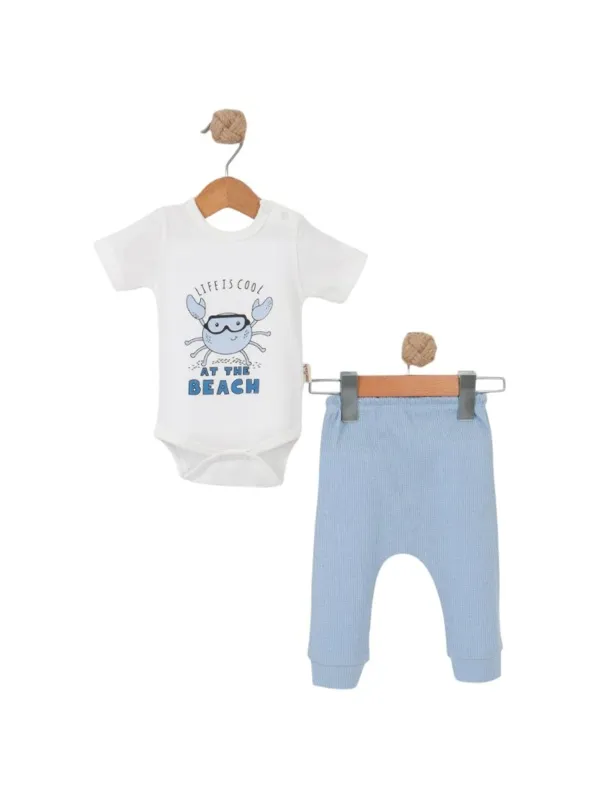 Baby bodysuit and pants set, CRAB print, blue