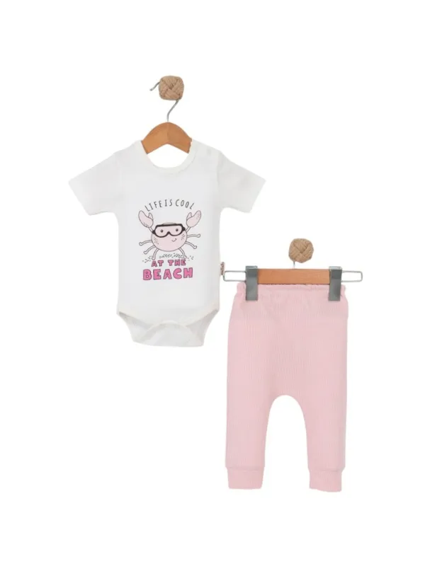 Baby bodysuit and pants set, CRAB print, pink