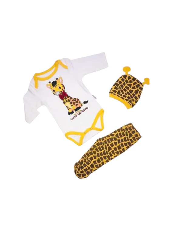 Baby set, 3 pieces, GIRAFFE print, yellow