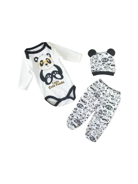 Baby set, 3 pieces, PANDA print, black/white