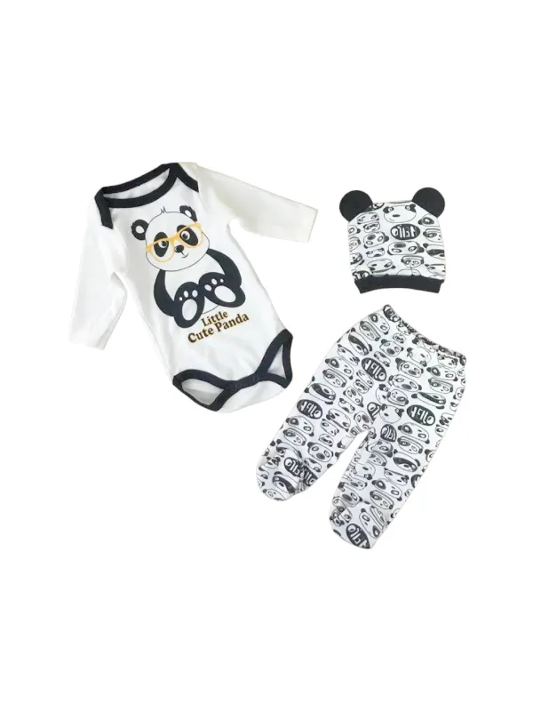 Baby set, 3 pieces, PANDA print, black/white