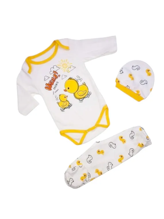 3-piece baby set, cotton, Hello Duck, white/yellow